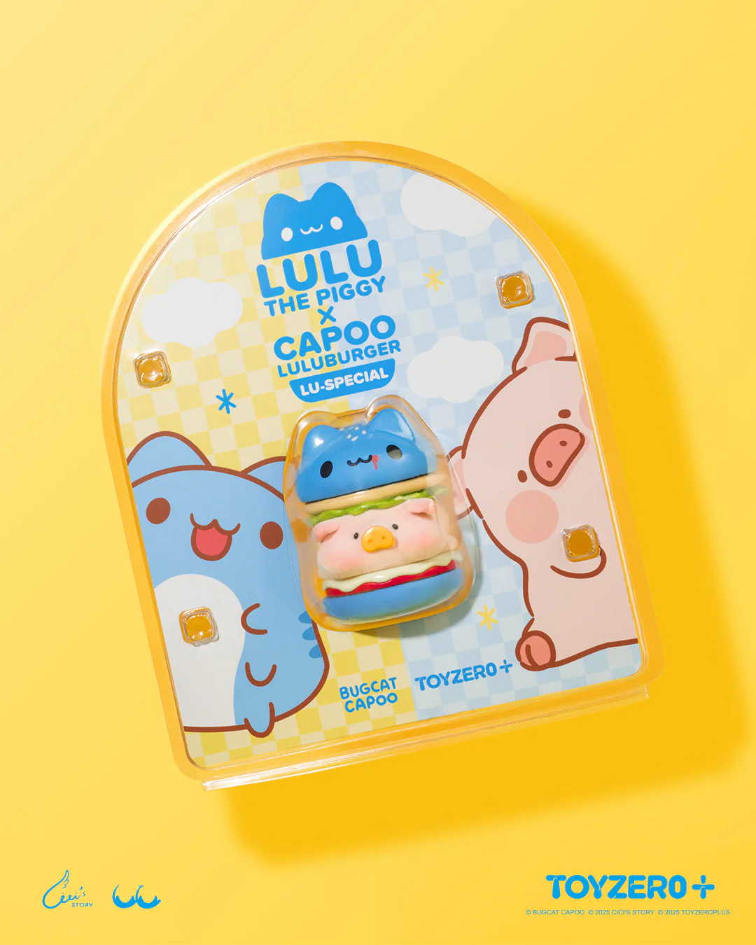 LuLu the Piggy x Capoo - LuLuBurger collectible toy in clamshell packaging, featuring magnetic layers and whimsical character artwork, perfect for art toy enthusiasts.
