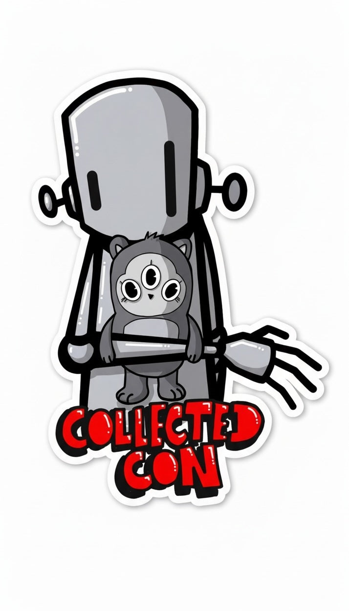CollectedCon LA Sticker - Preorder: A blocky robot with a pitchfork and three-eyed critter, featuring bold red COLLECTED CON text.