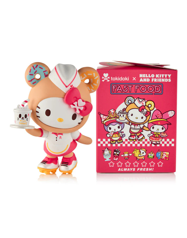 Hello Kitty vinyl figure in fast-food server attire with donut ears, roller skates, milkshake tray, and matching Fast Food-themed collector's box.