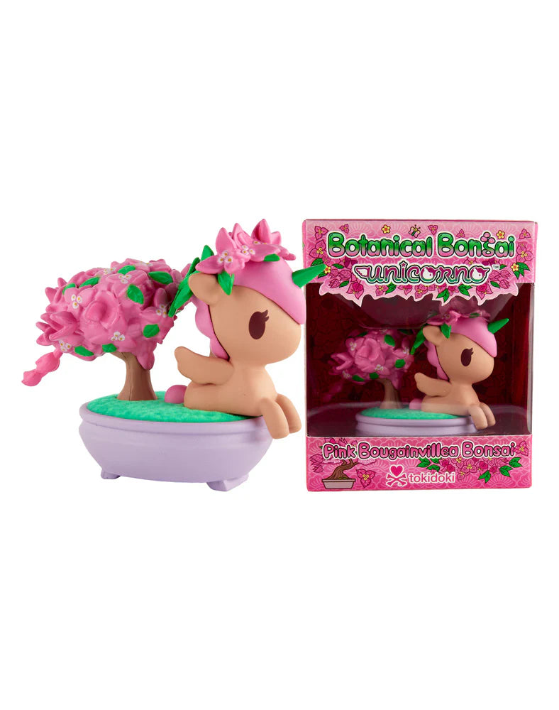 Botanical Bonsai Unicorno - Pink Bougainvillea Bonsai figurine with pink flower canopy, lilac bonsai pot, and matching decorative retail box. Special edition collectible art.