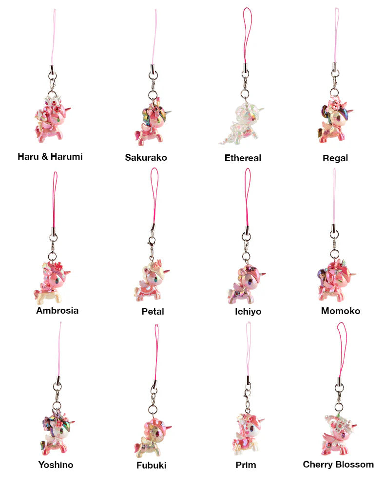 Shimmer Cherry Blossom Unicorno Frenzies charms in a 3x4 array, each uniquely named, showcasing collectible art toy designs from Strangecat Toys.
