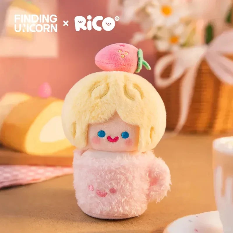 RiCO - Everywhere CELL RiCO with ME - HAPPY SWEETS PLUSH SERIES: A pastel plush toy teacup with a strawberry, featuring embroidered eyes and a smile.