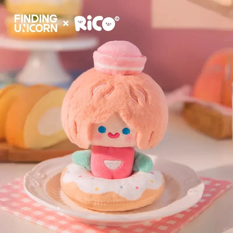 RiCO - Everywhere CELL RiCO with ME - HAPPY SWEETS PLUSH SERIES: A plush doll with peach-pink hair, seated in a donut, on preorder.