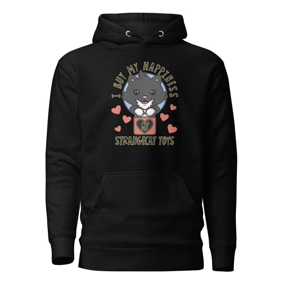 I Buy My Happiness hoodie featuring a cartoon cat design, front pouch pocket, and hood, ideal for art toy enthusiasts.