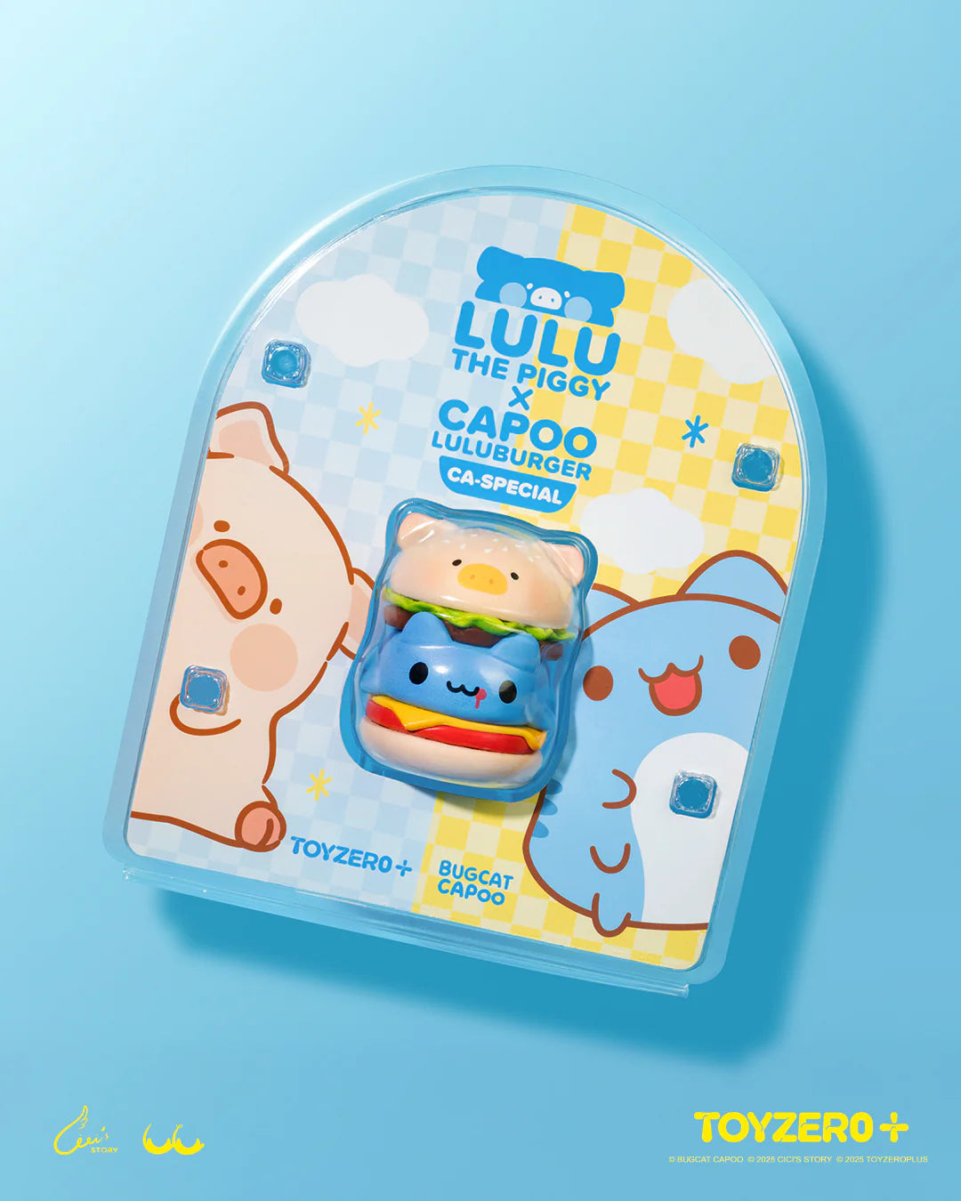 Collectible LuLu the Piggy x Capoo - LuLuBurger toy in blister-pack, featuring magnetic layers with Lulu and Capoo figures, ready to preorder from Strangecat Toys.