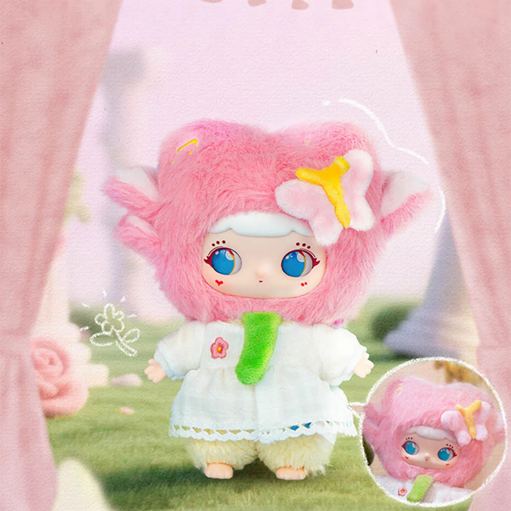 WIWI Inner World Series Plush Pendant Blind Box features a whimsical, cartoon-style doll with fluffy pink ears, blue eyes, and a lace-trimmed smock.