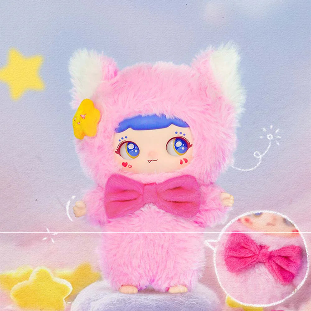 WIWI Inner World Series Plush Pendant Blind Box features a kawaii doll in a fuzzy pink suit with anime-style eyes and unique star accents.