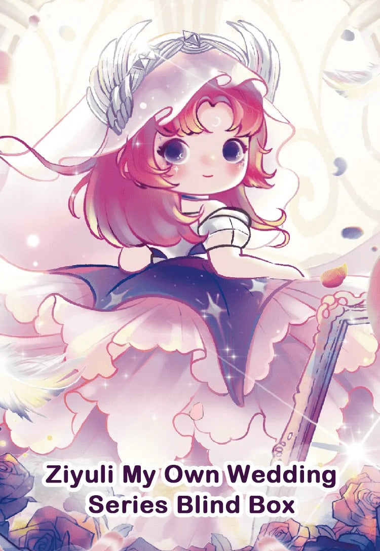 Chibi-style bride illustration for ZIYULI My Own Wedding Series Blind Box, featuring collectible figures with six regular designs and one secret.