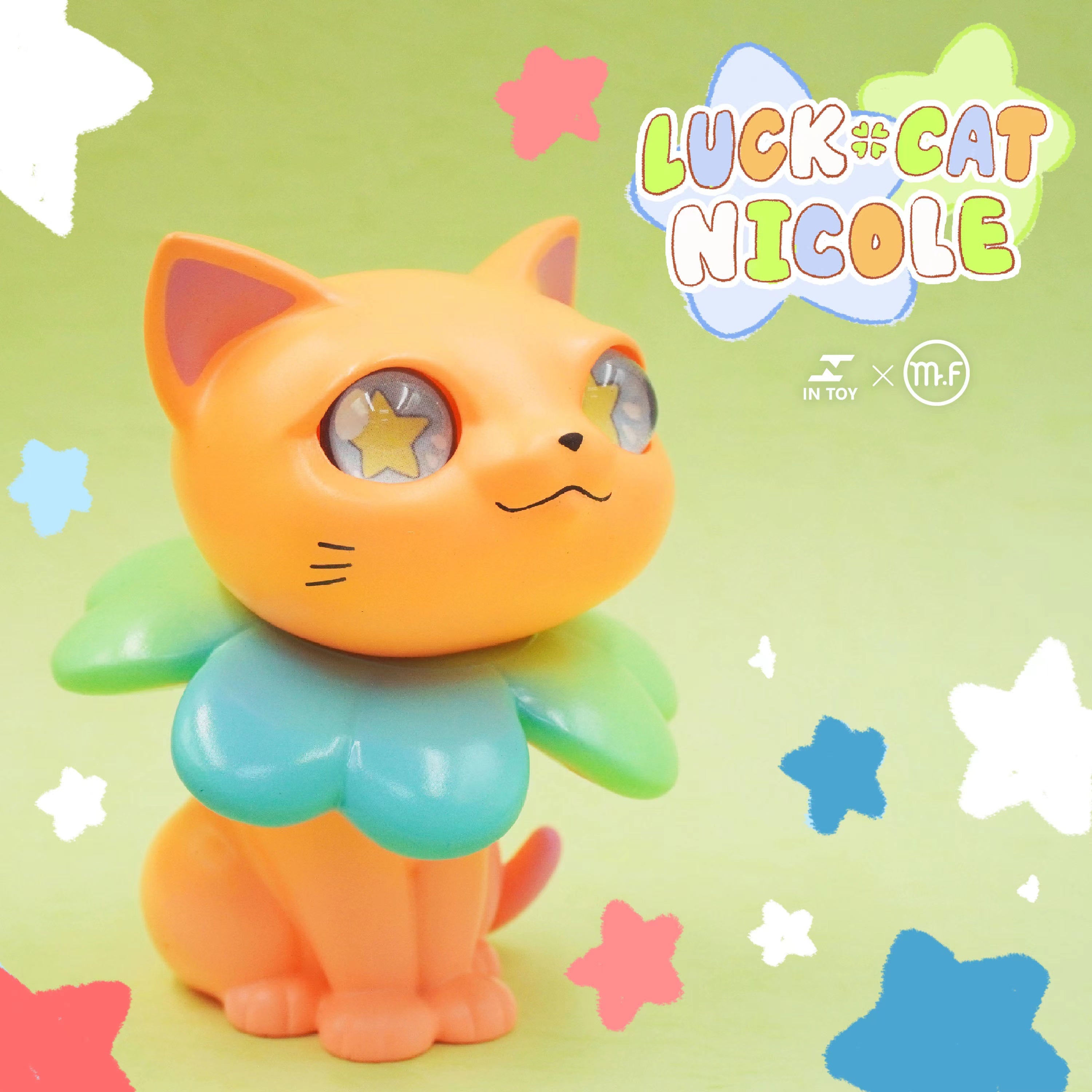Toy cat figure with stars, movable head - four-leaf clover, soft vinyl material, about 9cm high.