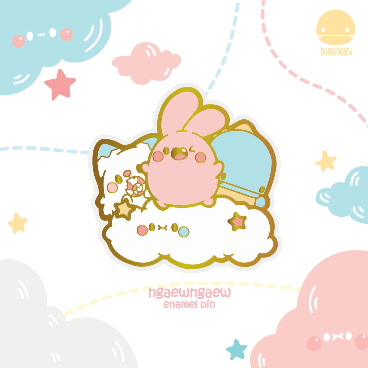 Ngaew Ngaew Pin: Cartoon rabbit and cat on a cloud with stars and stripes.