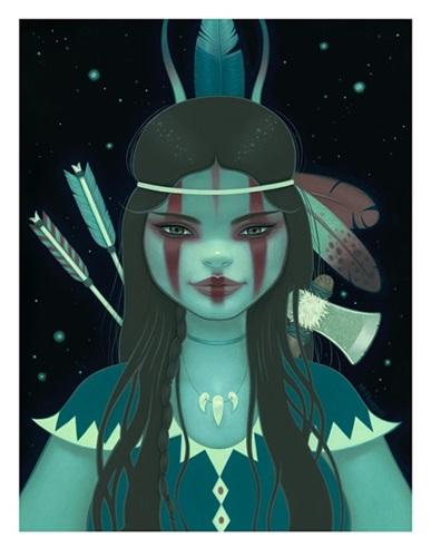 Illustration of a woman with feathers, a unique lithograph by Tara McPherson.