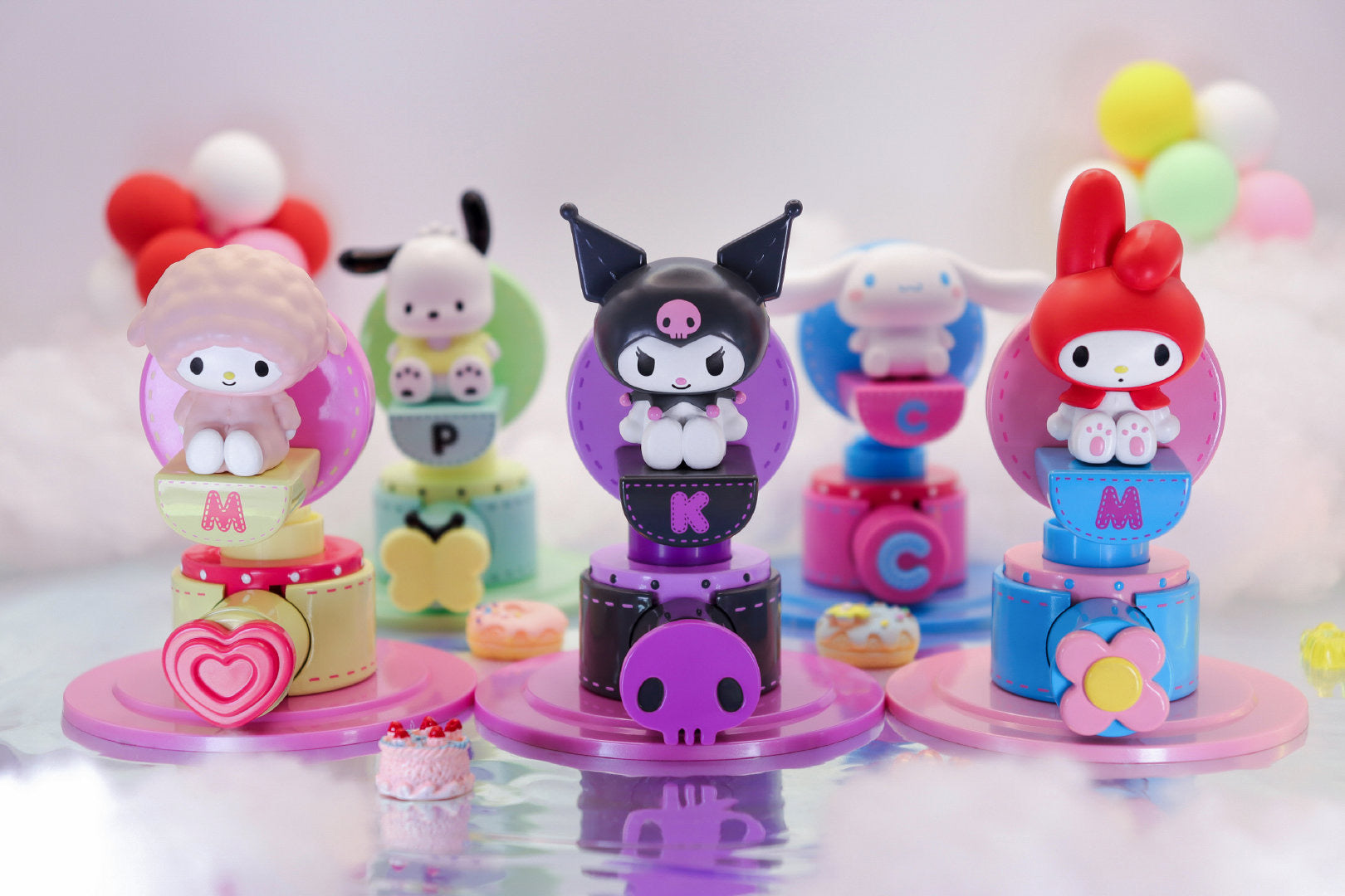 Sanrio - Fantasy Sky Wheel Toy Friends Blind Box Series: a group of small toys including a cat figurine and a cake close-up.