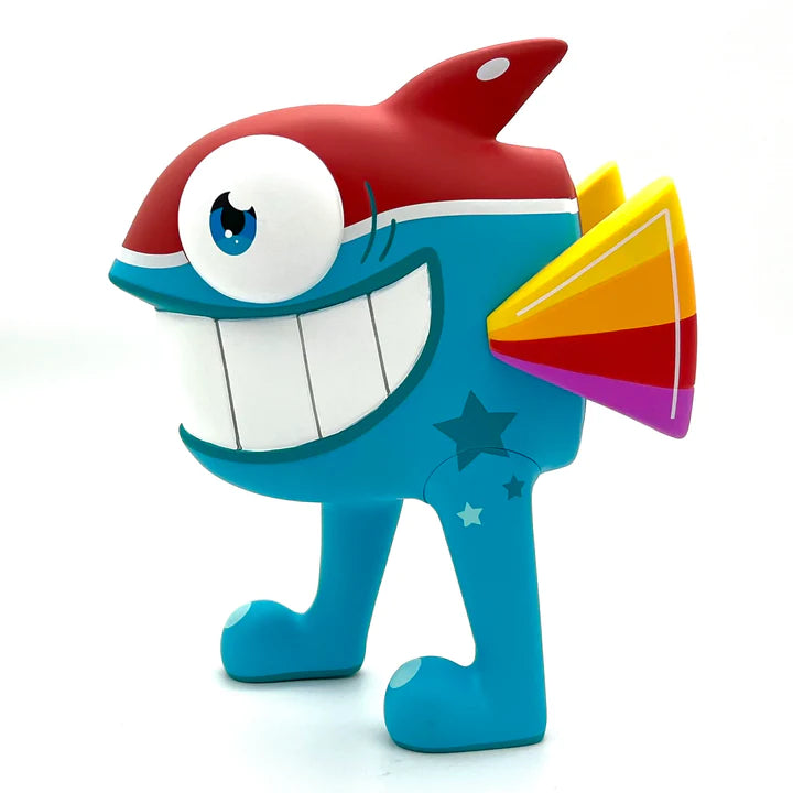 A vinyl toy of a cartoon fish character by PEZ, limited edition, 7 inches tall.