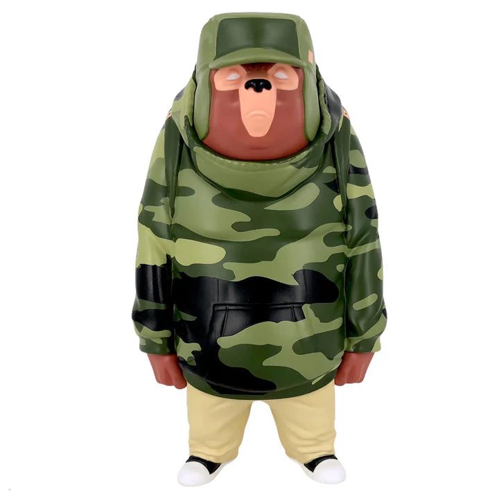 Toy bear in camouflage jacket, part of Kub Woodland Camo By Mike Fudge, 7 vinyl figure.