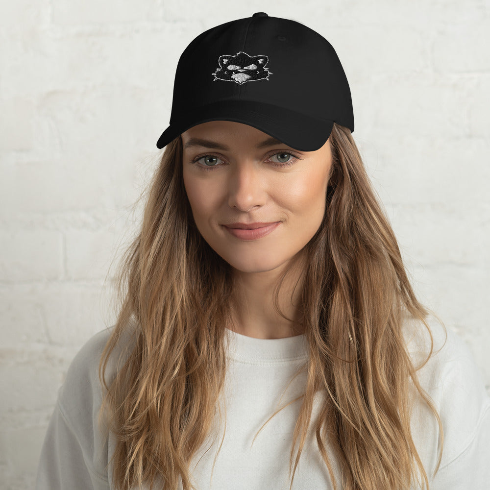 A woman wearing a black hat with a cat face, close-up of lips and nose, human face, clothing, fashion accessory, portrait photography.