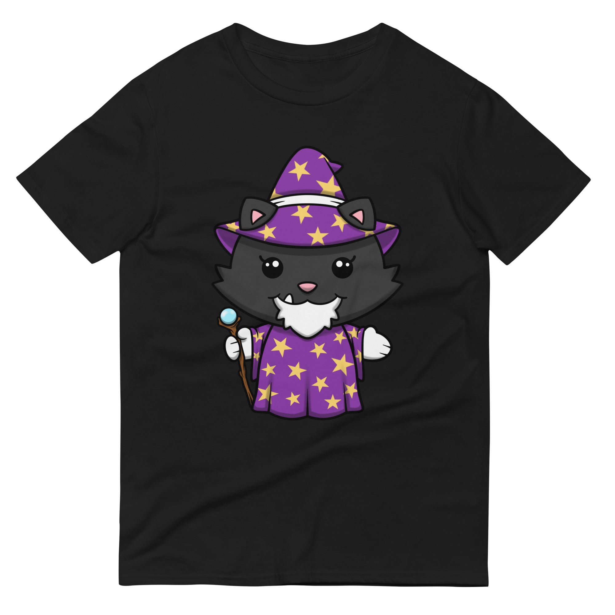 Grandpa The Wizard cartoon cat shirt with wizard cat design on black shirt.